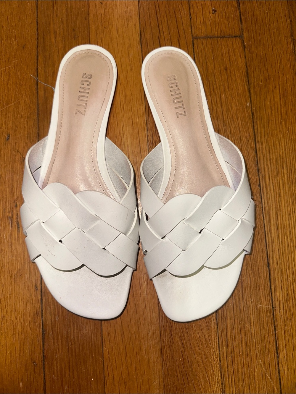 SCHUTZ White Braided Leather Slide Mules